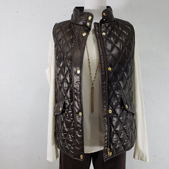 Talbots Dark Brown Fitted Quilted Vest Gold Zipper, Small, Like New - Picture 4 of 13